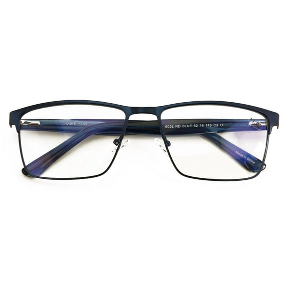 Men Premium Rectangle Metal - Plastic Temple Extra Large Reader - 152mm Wide Frame Reading Glasses Anti-Blue UV +2.00