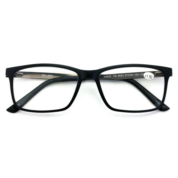 Men Premium Rectangle TR90 with Extended Metal Temple - Extra Large Reader - 147mm Wide Frame Reading Glasses +1.50