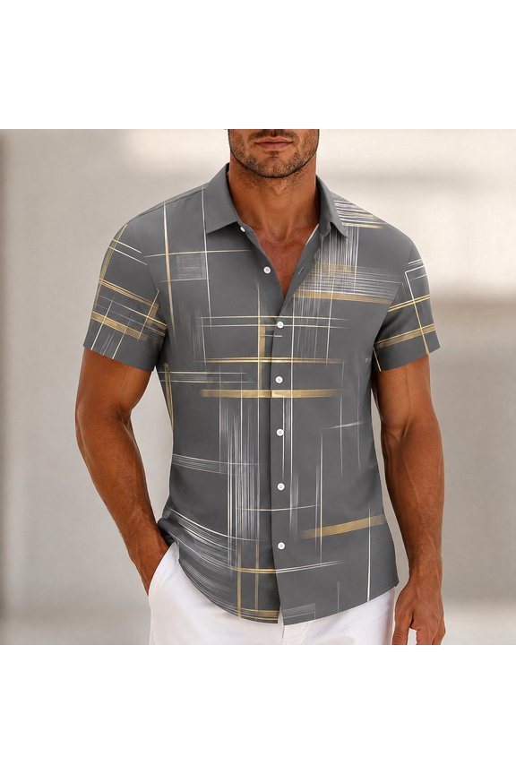 Men Printed Button Down Short Sleeve Summer Beach Casual Shirt, S, Grey