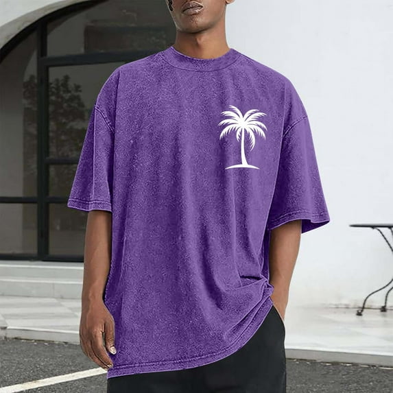 Men Printed Casual Sports Washed Distressed T-shirt Short Sleeve Round-neck Top Blouse