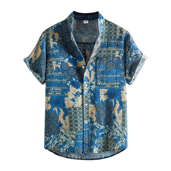 Men Printed Stand-up Short-Sleeved Spring Shirts for Casual Daily Wear Blue M