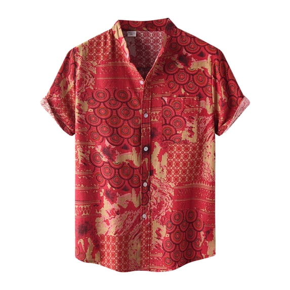 Men Printed Stand-up Short-Sleeved Spring Shirts for Casual Daily Wear Red 3XL