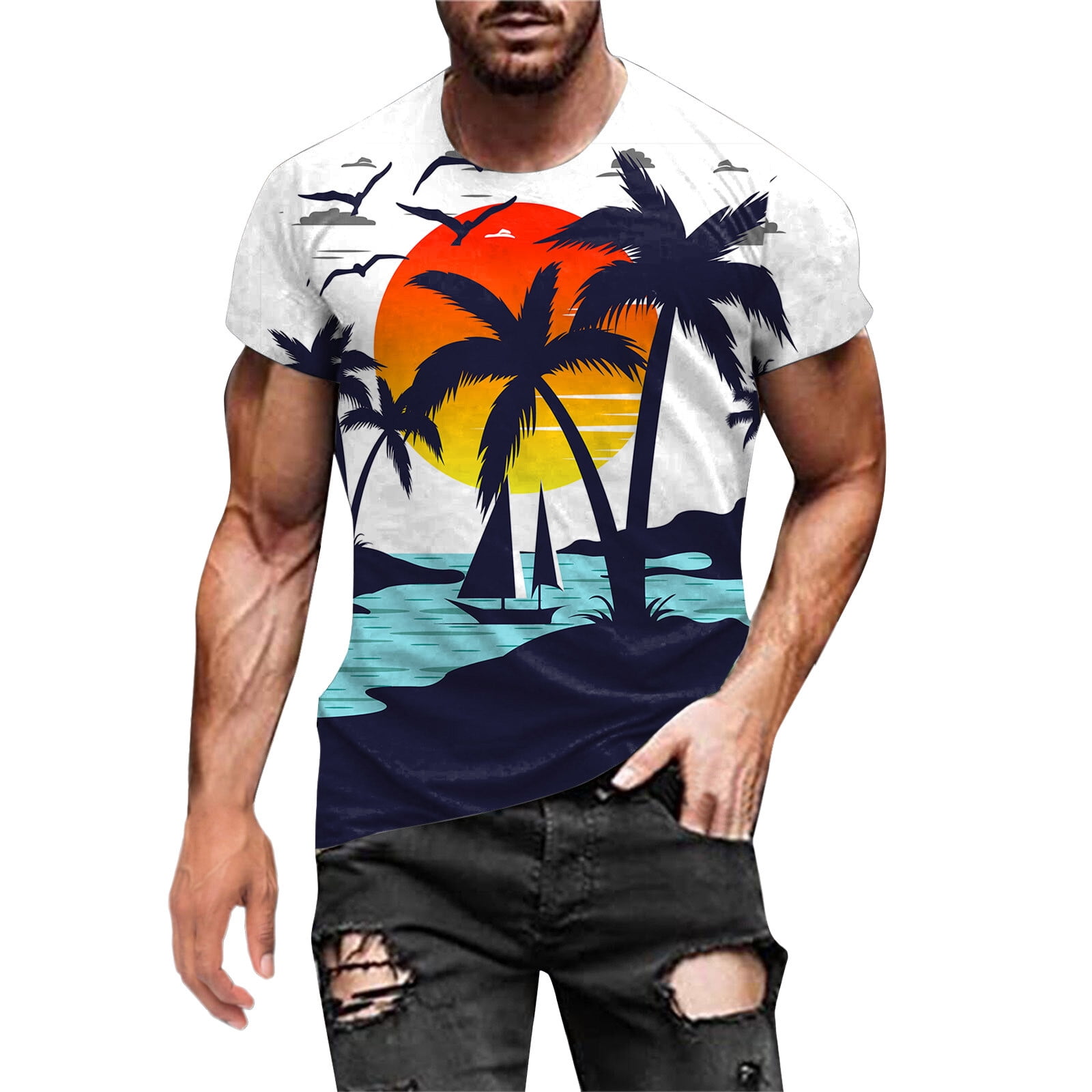 Men Printed T-Shirts Sunset Beach Landscape Fashion Spring Summer Casual  Short Sleeve O-Neck Top 