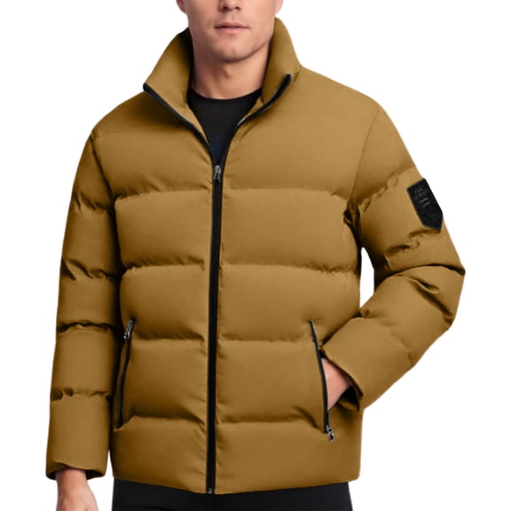 Men Puffer Jacket Fall Winter Stand Collar Zip Up Puffer Jacket Casual Down Jacket Solid Color Parka Padded Outwear Relaxed Fit Winter Jackets for Men Gold XXL