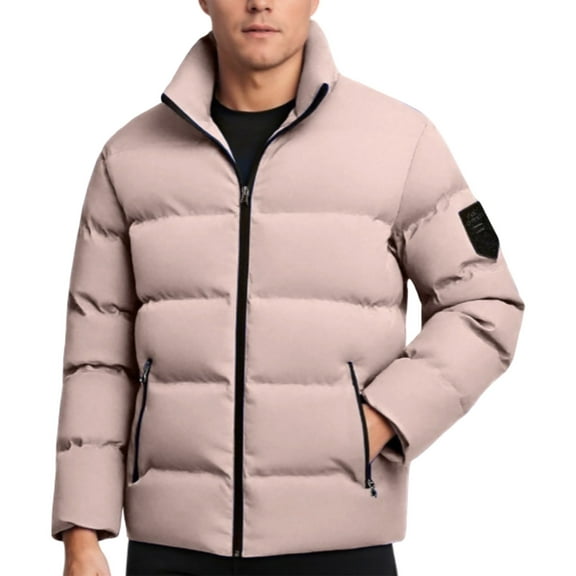 Men Puffer Jacket Fall Winter Stand Collar Zip Up Puffer Jacket Casual Down Jacket Solid Color Parka Padded Outwear Relaxed Fit Mens Jackets Pink XL