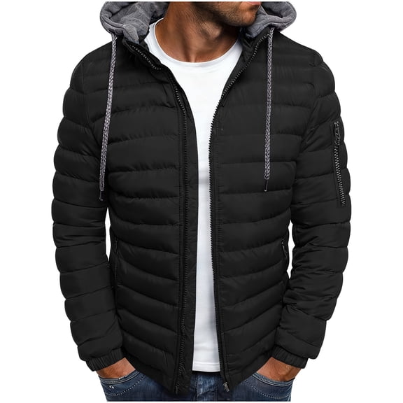 Men Puffer Jacket Lightweight Warm Winter Coat Quilted Insulated Water-Resistant Zip Up Jacket Casual Long Sleeve Trendy Winter Down Jackets Coats Outerwear with Hood