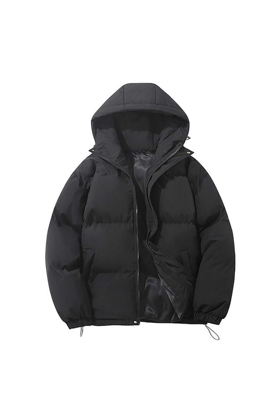 Men Puffer Jacket Outdoor Hooded Puffer Jacket Long Sleeve Zip Up Down Jacket Fall Winter Warm Parka Padded Outwear Mens Winter Jackets Black L