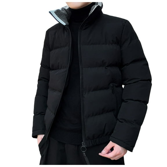 Men Puffer Jacket Windproof Zip Up Stand Collar Puffer Jacket Winter Warm Casual Parka Padded Outwear Relaxed Fit Mens Fall Jackets Black M