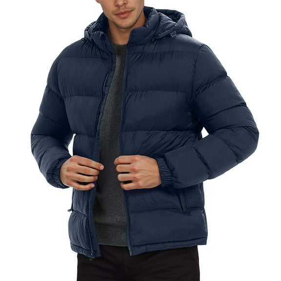 Men Puffer Jacket Winter Warm Detachable Hooded Puffer Jacket Cold Weather Outdoor Baggy Down Outerwear Relaxed Fit Plus Size Jackets Navy L