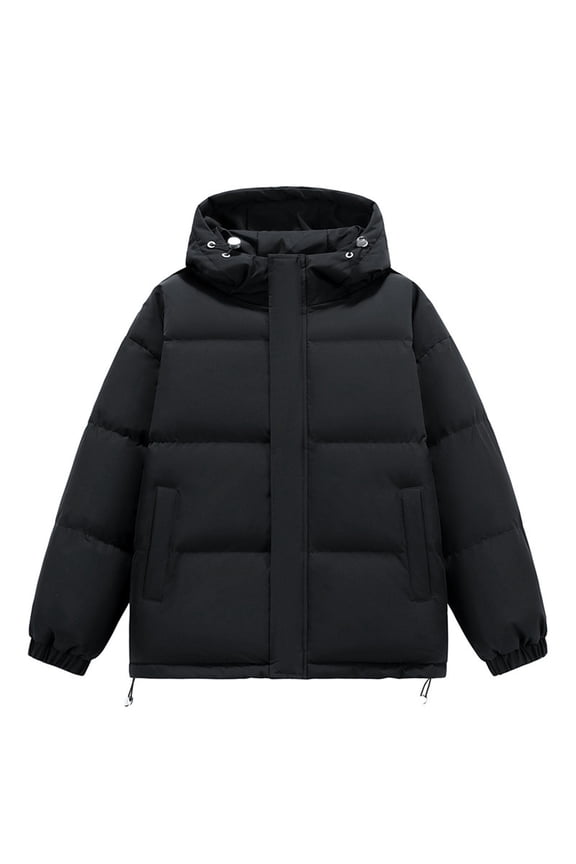 Men Puffer Jacket Winter Warm Thick Hooded Puffer Coat Zip Up Baggy Down Outerwear Relaxed Fit Padded Loose Casual Jackets for Men Black L