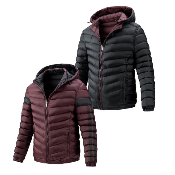 Men Puffer Jacket Winter Warm Windproof Puffer Jacket Hooded Zip Up Down Jacket With Zip Pockets Thicken Parka Padded Outwear Mens Fall Jackets Wine M