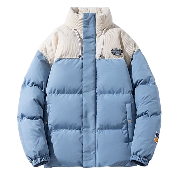 Men Puffer Jackets Thicken Bubble Jacket Warm Long Sleeve Stand Collar Zip Up Color Block Coat Outwear Winter Blue XXL