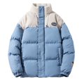 thumbnail image 1 of Men Puffer Jackets Thicken Bubble Jacket Warm Long Sleeve Stand Collar Zip Up Color Block Coat Outwear Winter Blue XXXL, 1 of 3
