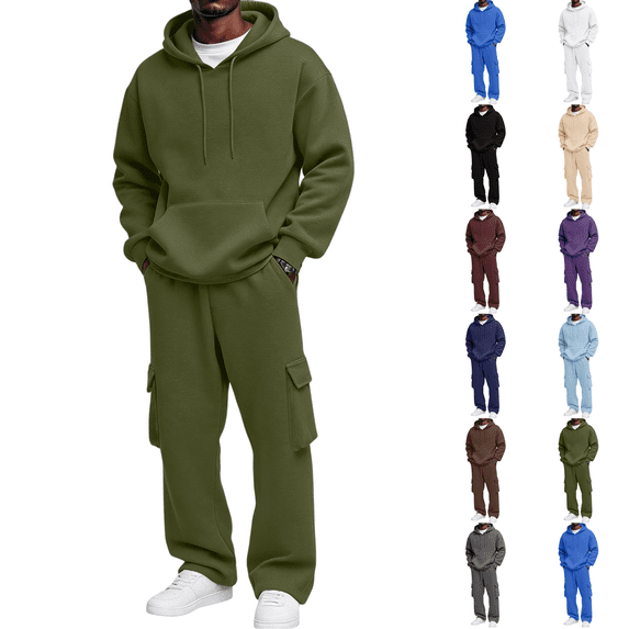 Men Pullover Hoodie Cargo Sweatsuit Set Soft Fleece Tracksuit Wide Leg Jogger Outfit 2026 Fall Winter Relaxed Set Army Green 3XL