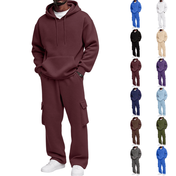 Men Pullover Hoodie Cargo Sweatsuit Set Soft Fleece Tracksuit Wide Leg Jogger Outfit 2026 Fall Winter Relaxed Set Wine XL