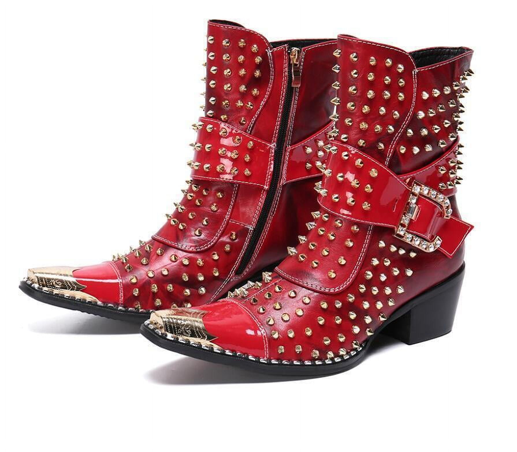 Men Punk Leather Cowboy Ankle Boots Rubber Metal Pointed Toe Buckle ...