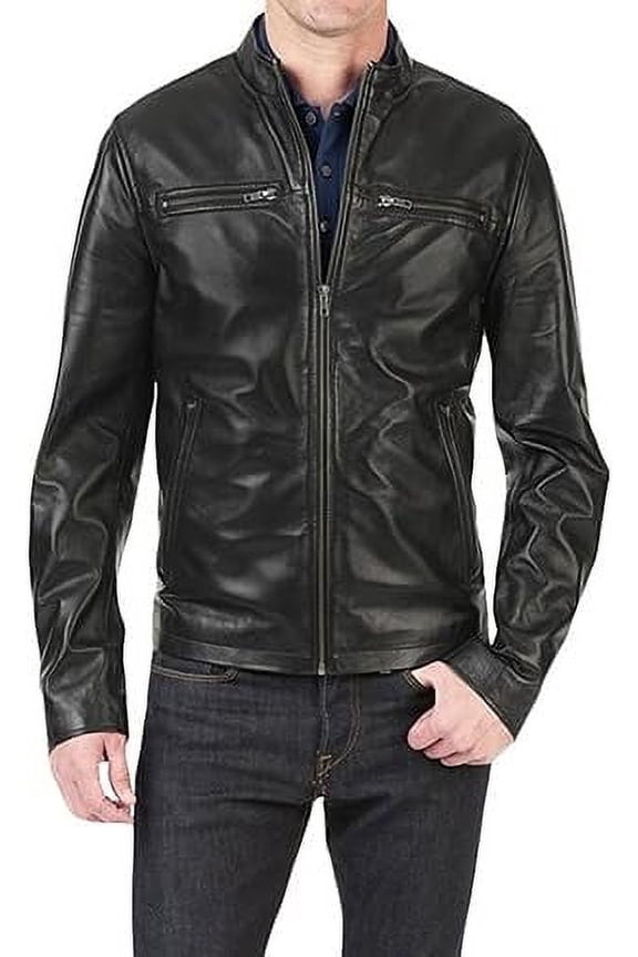 Men Pure Genuine Leather Jacket Lambskin Winter Vintage Motorcycle Biker Black A012