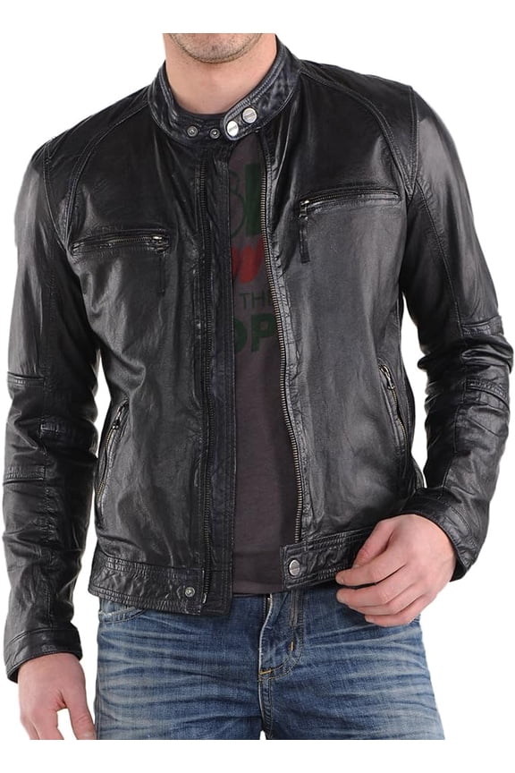 Men Pure Genuine Leather Jacket Lambskin Winter Vintage Motorcycle Biker Black A013