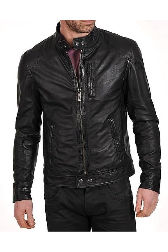 Men Pure Genuine Leather Jacket Lambskin Winter Vintage Motorcycle Biker Black A014