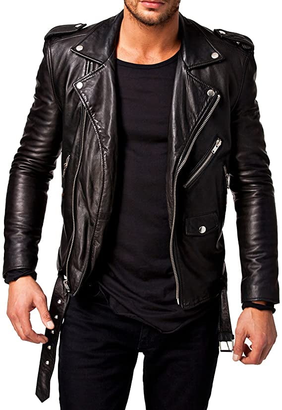 Men's Black Genuine Lambskin Leather Biker Jacket Leather Biker Jacket  Vintage Real Brown Motorcylce Jackets For Men at  Men's Clothing store