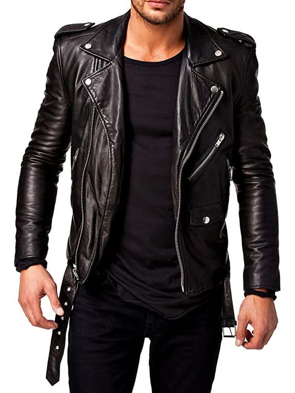 Men Pure Genuine Leather Jacket Lambskin Winter Vintage Motorcycle Biker 2XL