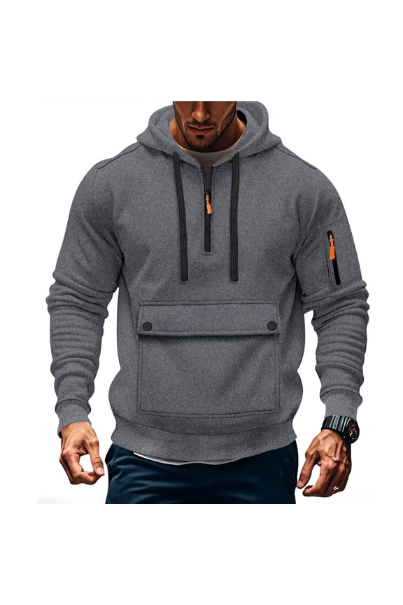 Men Quarter Zip Cargo Hoodie Tactical Military Sweatshirt with Oversize Pocket Fleece Lined Pullover Workout Gym