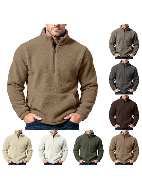 Men Quarter Zip Fleece Pullover Sevevn Stand Collar Long Sleeve Sherpa Sweatshirt With Front Pocket Soft Warm Top For Daily Casual Cold Weather Wear