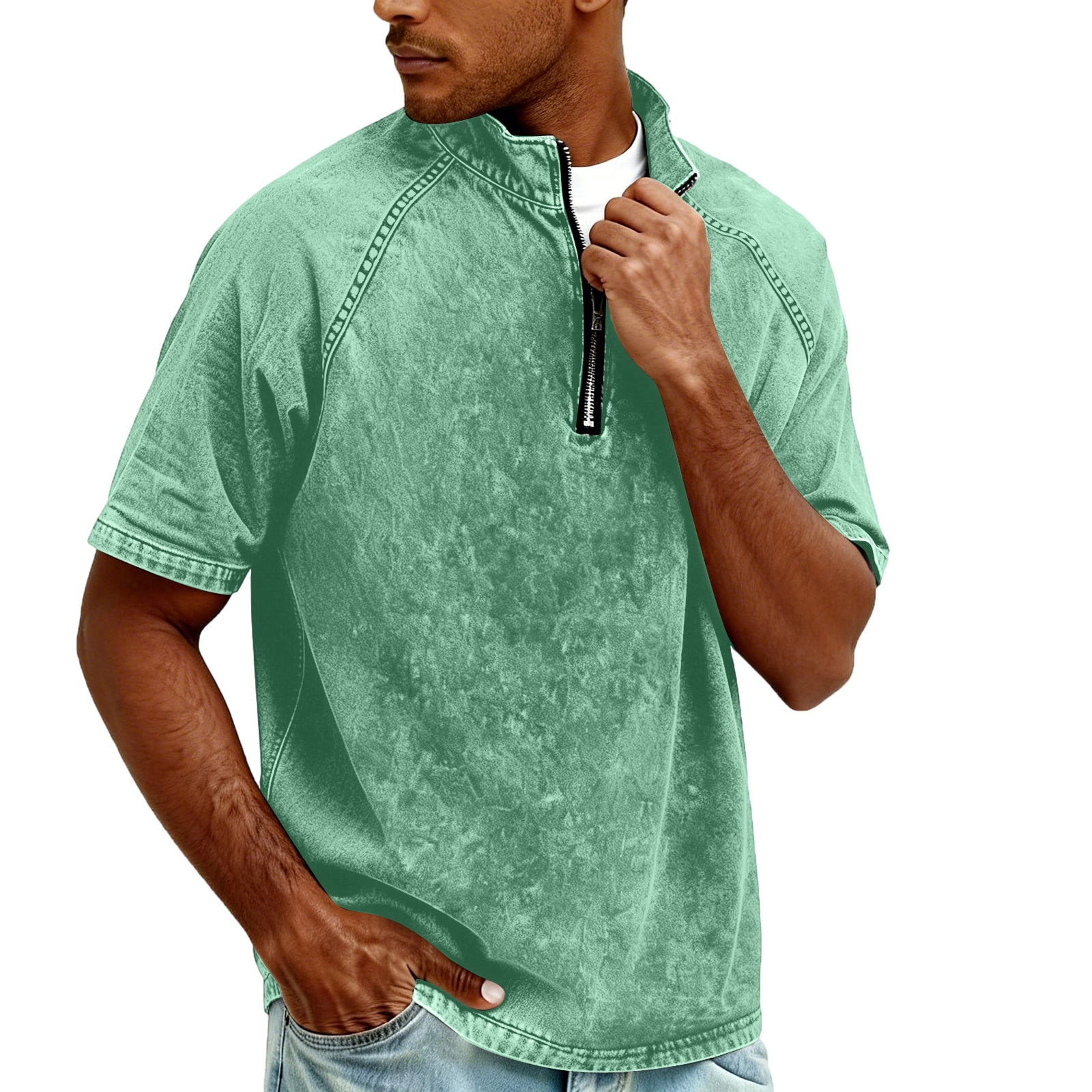 Men Quarter Zip Pullover Shirt Short Sleeve Acid Wash Vintage Denim ...