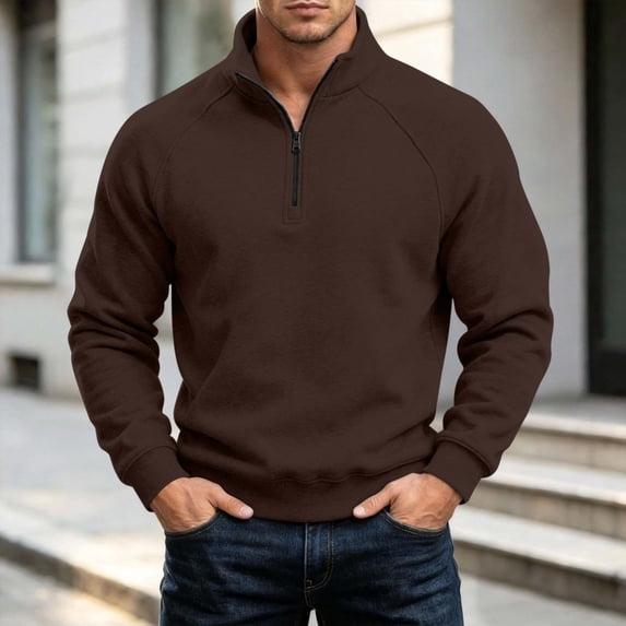 Men Quarter Zip Pullover Sweatshirt Long Sleeve Lapel Fashion Slim Fall Casual Daily Tops Brown XL