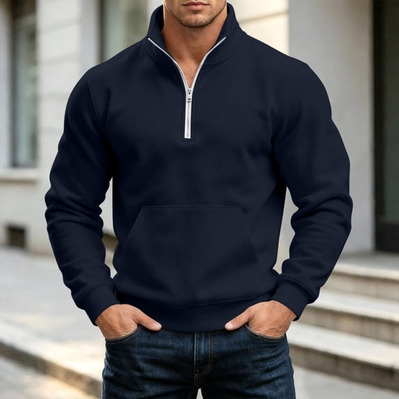 Men Quarter Zip Pullover Sweatshirt Slim Long Sleeve Lapel Fashion Fall Casual Daily Tops Navy L