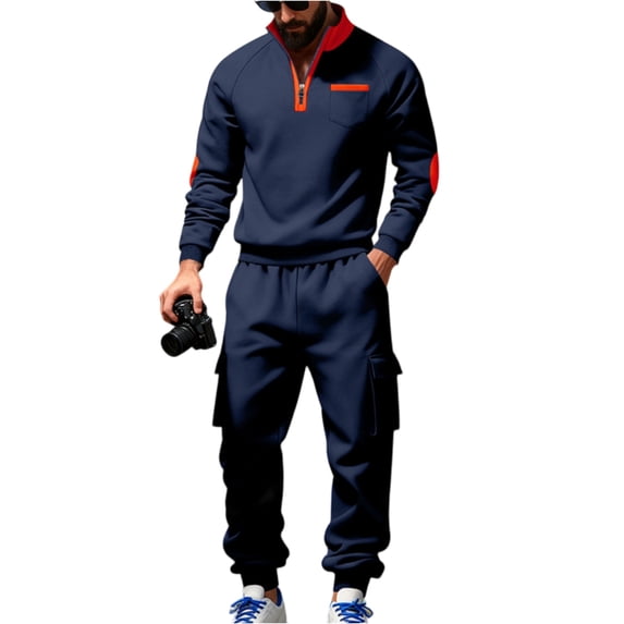 Men Quarter Zip Pullover Sweatshirt and Cargo Jogger Pants Set Long Sleeve Top and Multi Pocket Trousers Suit for Casual and Outdoor Use