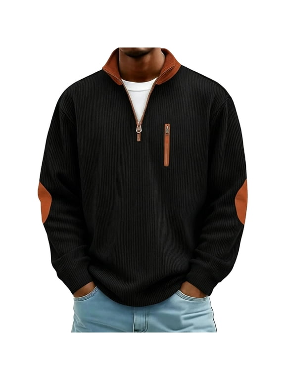 Men Quarter Zip Sweatshirt Long Sleeve Casual Trendy Henly Tops Elbow Patch Lightweight Stand Collar Pullover Shirts