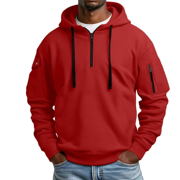 Men Quarter Zip Tactical Hoodie, Multi Cargo Arm Pocket Long Sleeve Work Sweatshirt Red,XXXL