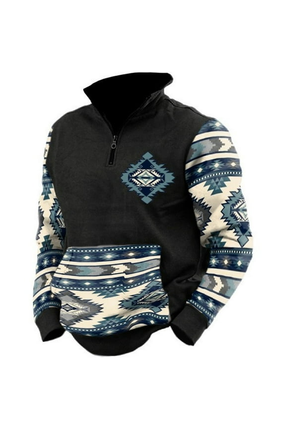 Men Quarter Zip Vintage Pattern Western Sweatshirt Long Sleeve Half Zip Pullover With Pockets Long Sleeve Lapel Top Shirt Black qILAKOG Size L