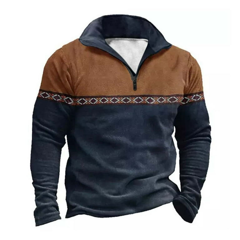 Men Quarter Zip Vintage Pattern Western Sweatshirt Long Sleeve Half Zip Pullover With Pockets Long Sleeve Lapel Top Shirt Navy qILAKOG Size M Walmart
