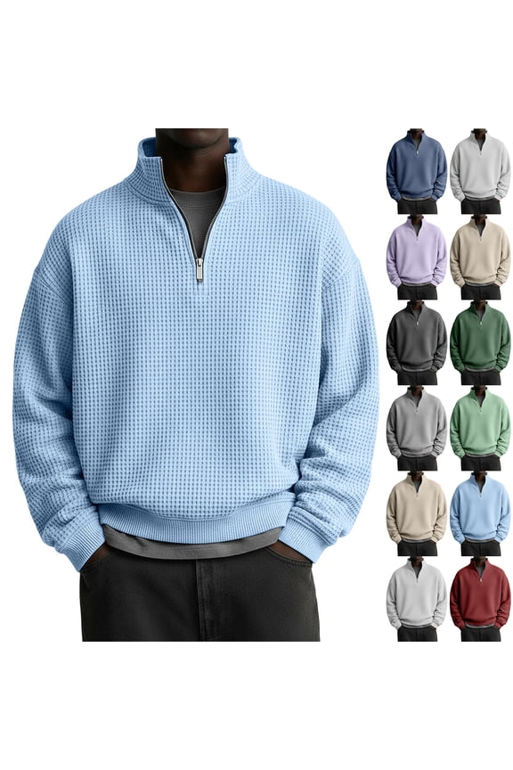 Men Quarter Zip Waffle Pullover Sweaters Casual Stand Collar Thermal Long Sleeve Sweatshirt 1/4 Zipper Winter Warm Sweatshirt Complexion L