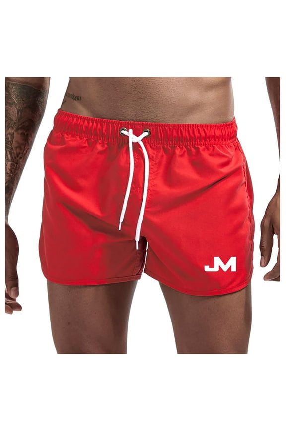 Men Quick Dry JM Logo Swim Trunks Elastic Drawstring Waist Split Hem Lightweight Beach Board Shorts