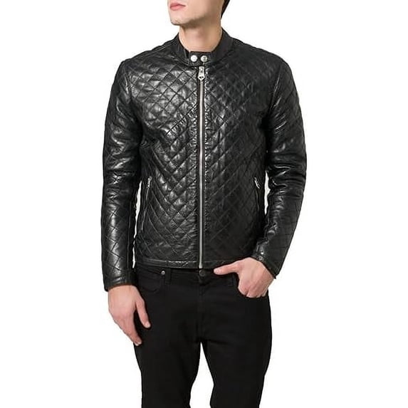 Men Quilted Leather Jacket Slim Fit Biker Motorcycle Genuine Black Lambskin Jacket A789