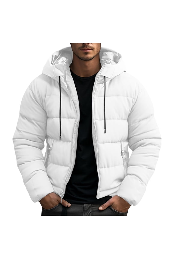 Men Quilted Puffer Jacket Casual Thicken Long Sleeve Full Zip Hooded Down Coat Fashion Lightweight Winter Warm Outwear With Pcoket