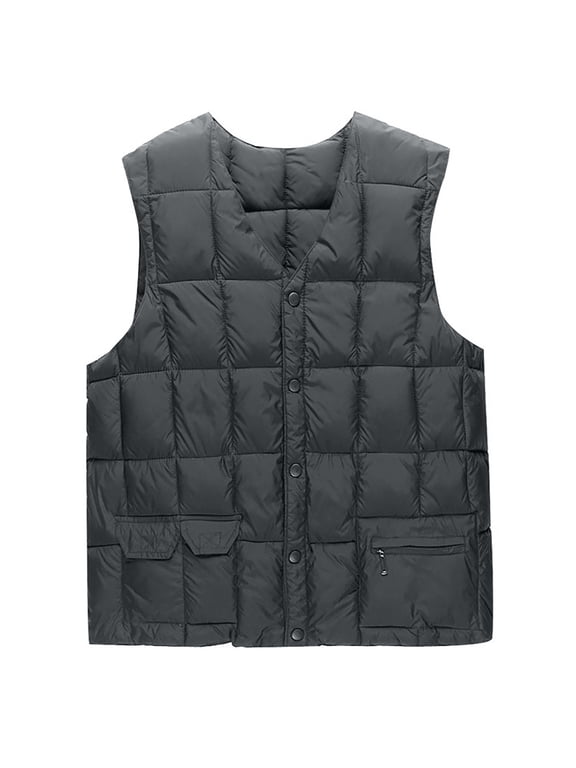 Men Quilted Puffer Vest, V‑Neck Snap Button Sleeveless Gilet, Nylon Lightweight Warm Outerwear Vest with Multi Pockets for Elderly Men, Indoor & Outdoor Layering Waistcoat