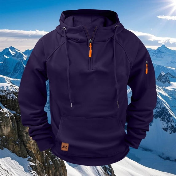 Men Raglan Pullover Multiple Pockets Half Zipper Sport Hoodie Solid Coat for Winter