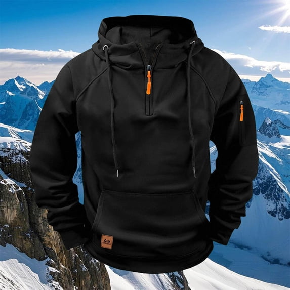 Men Raglan Pullover Multiple Pockets Half Zipper Sport Hoodie Solid Coat for Winter