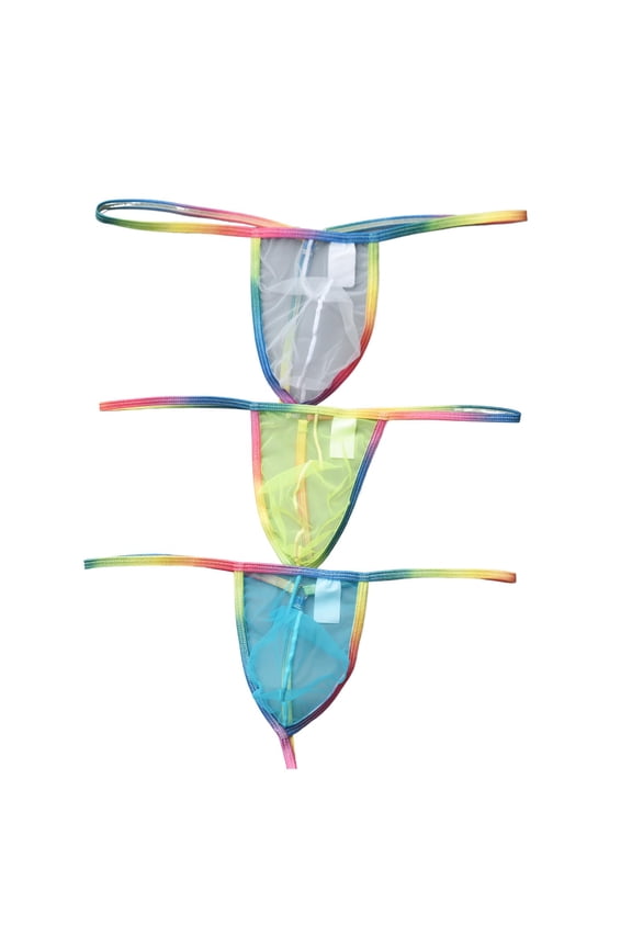 Men Rainbow Strap Sheer Mesh Low Rise T Back G String Thong Underwear | Ultra Sheer Transparent Mesh, Gradient Rainbow Thin Straps, Bulge Pouch, Micro T-Back Underpants, for Date Night, Daily Wear