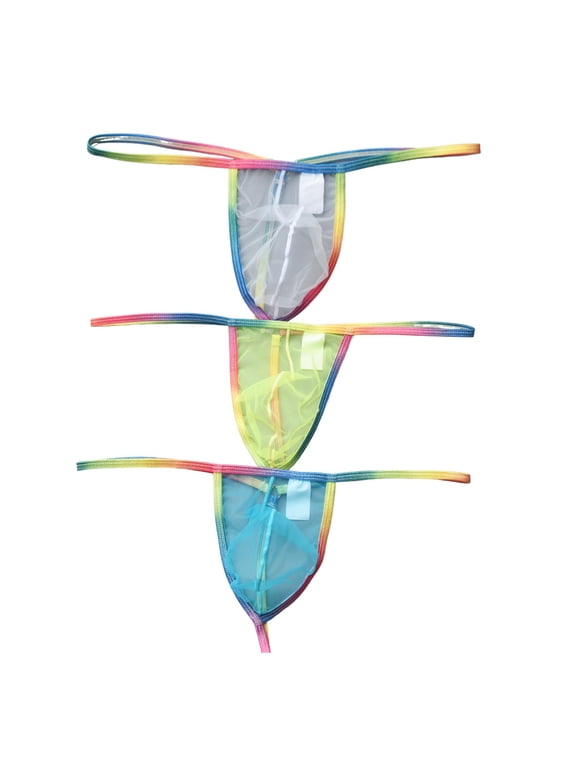 Men Rainbow Strap Sheer Mesh Low Rise T Back G String Thong Underwear | Ultra Sheer Transparent Mesh, Gradient Rainbow Thin Straps, Bulge Pouch, Micro T-Back Underpants, for Date Night, Daily Wear