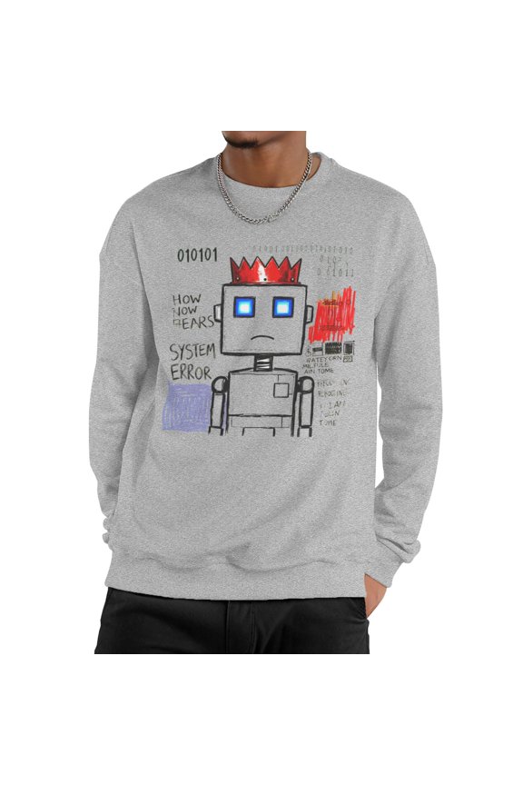 Men Raw Graffiti Sketch Crown Robot System Error Binary Code Street Art Crew Neck Sweatshirt, Cyber Grunge Tech Urban Fleece Pullover