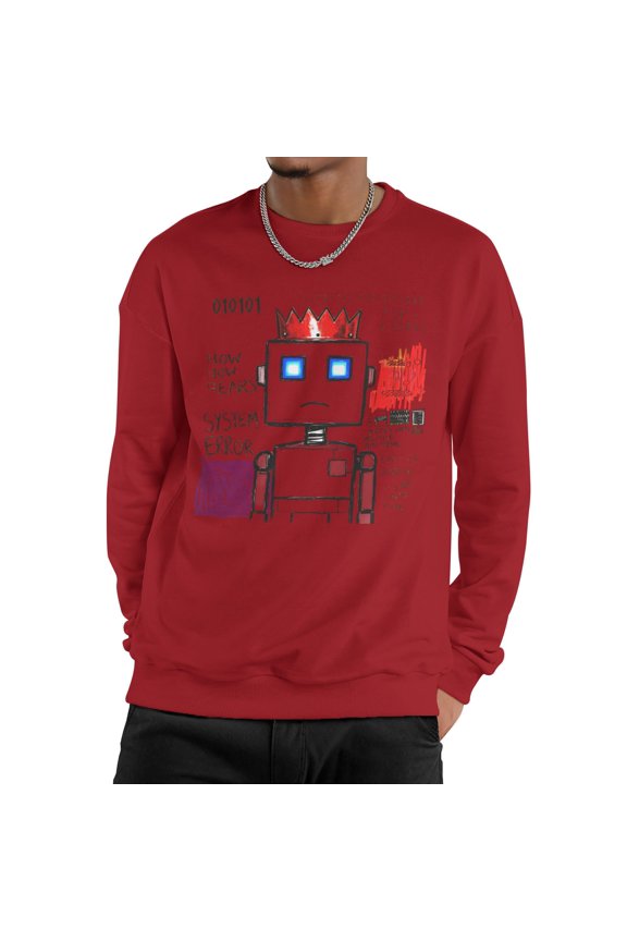 Men Raw Graffiti Sketch Crown Robot System Error Binary Code Street Art Crew Neck Sweatshirt, Cyber Grunge Tech Urban Fleece Pullover