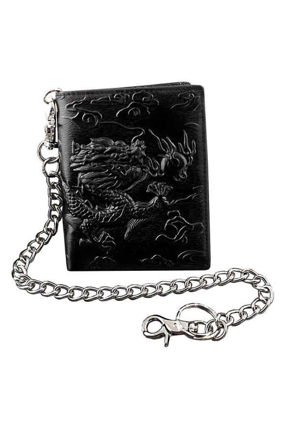 Men Real Leather Vintage Dragon Wallet Card Holder Purse With Chain Black