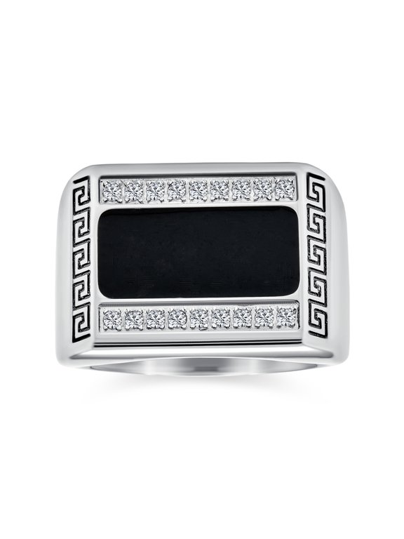 Mens Men's Rectangle Greek Key Signet Band Ring 2-Tone Black Stainless Steel