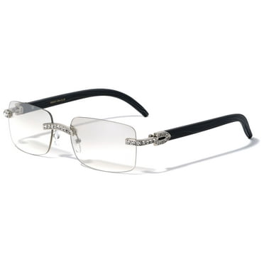 Men Rectangular Frame Clear Lens Designer Rimless Eyeglasses Rhinestones Glasses Frame Gold Diamond