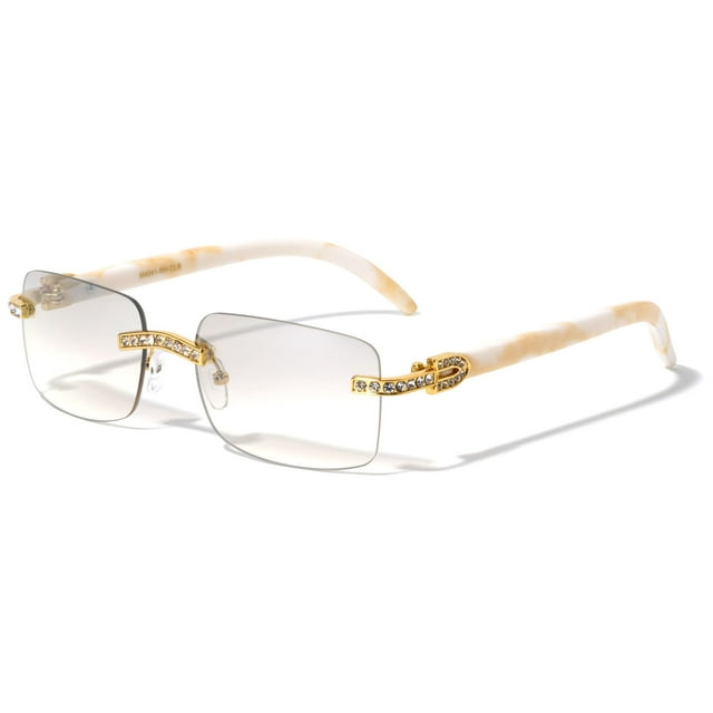 Men Rectangular Frame Clear Lens Designer Rimless Eyeglasses Rhinestones Glasses Frame Gold 